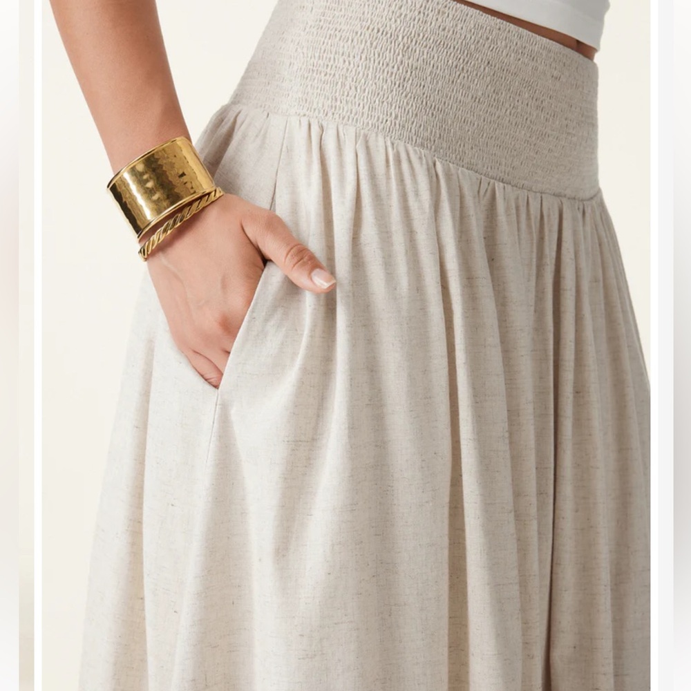 OGL Beige Linen Flow Long Maxi Skirt With Pockets Elastic Waist Lined Effortless - Picture 9 of 14